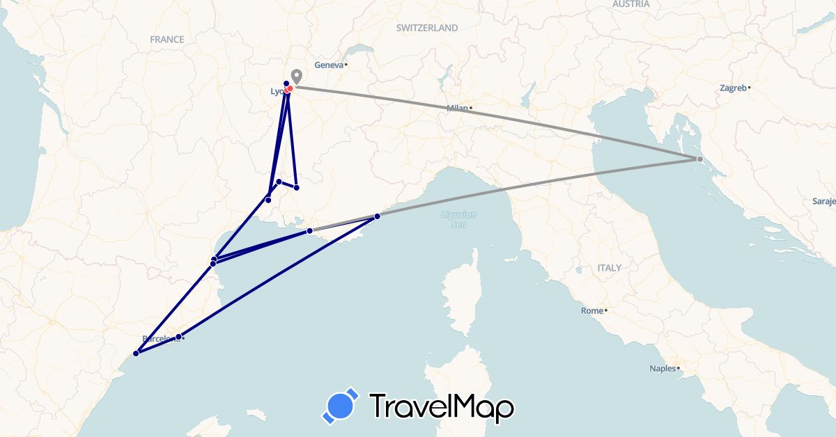 TravelMap itinerary: driving, plane, hiking in Spain, France, Croatia (Europe)